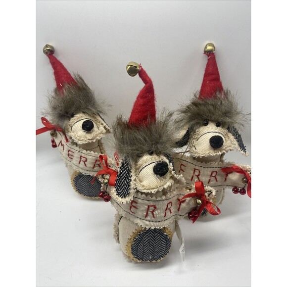 Burton+Burton “MERRY” Primitive Fabric Dog Ornament Set Of Three Lot New - Picture 3 of 4